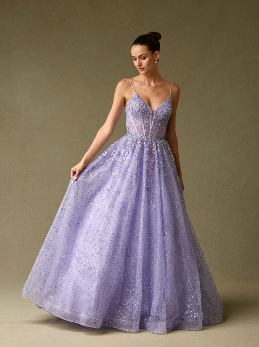 Vestido de Tul, en Corte A, Con Escote en V y Tirantes, Color Lilac