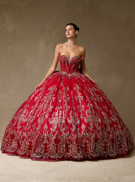Vestido de Fiesta, Corte Princesa, Escote Corazón con Bordado, Pedrería y Lentejuelas, con Lazo  Desmontable, Color Burgundy