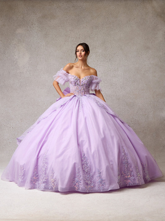 Vestido de Fiesta de Tul Bordado, al Hombro, Escote Corazón y Moño Desmontable, Color Lilac