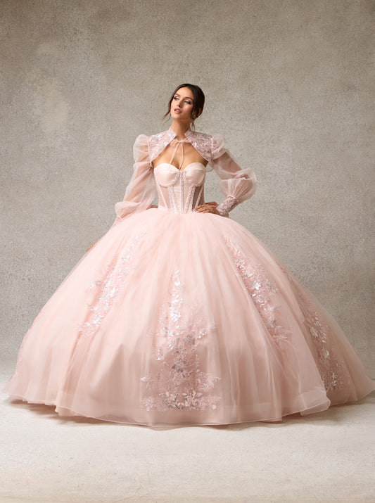 Vestido de Fiesta, Escote Corazón, Lazo Desmontable y Bolero de Manga Larga, Color Blush