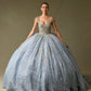 Vestido de Fiesta de Tul Bordado, Con Tirantes y Cauda Desmontable, Color Ice Blues Gold