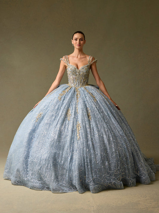 Vestido de Fiesta de Tul Bordado, Con Tirantes y Cauda Desmontable, Color Ice Blues Gold