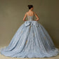 Vestido de Fiesta de Tul Bordado, Con Tirantes y Cauda Desmontable, Color Ice Blues Gold