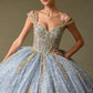 Vestido de Fiesta de Tul Bordado, Con Tirantes y Cauda Desmontable, Color Ice Blues Gold