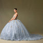 Vestido de Fiesta de Tul Bordado, Con Tirantes y Cauda Desmontable, Color Ice Blues Gold