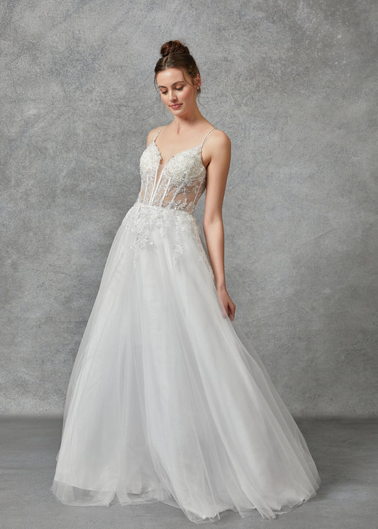 Vestido de Novia en Corte A Escote de Corazón con Tirantes y Aplicaciones en Lentejuela y Encaje, Color Off White