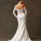 Vestido de Novia de Satén y Tul, con Hombros Descubiertos, Manga Larga y Escote Corazón. Color Off White