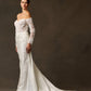 Vestido de Novia de Satén y Tul, con Hombros Descubiertos, Manga Larga y Escote Corazón. Color Off White
