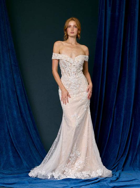 Vestido de Novia Corte Sirena de Encaje Bordado, Escote Corazón con Hombros Descubiertos, Color Off White Nude