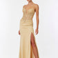 Vestido Recto con Abertura en la Pierna Bordado con Lentejuelas y Cristales, Color Gold
