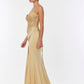 Vestido Recto con Abertura en la Pierna Bordado con Lentejuelas y Cristales, Color Gold