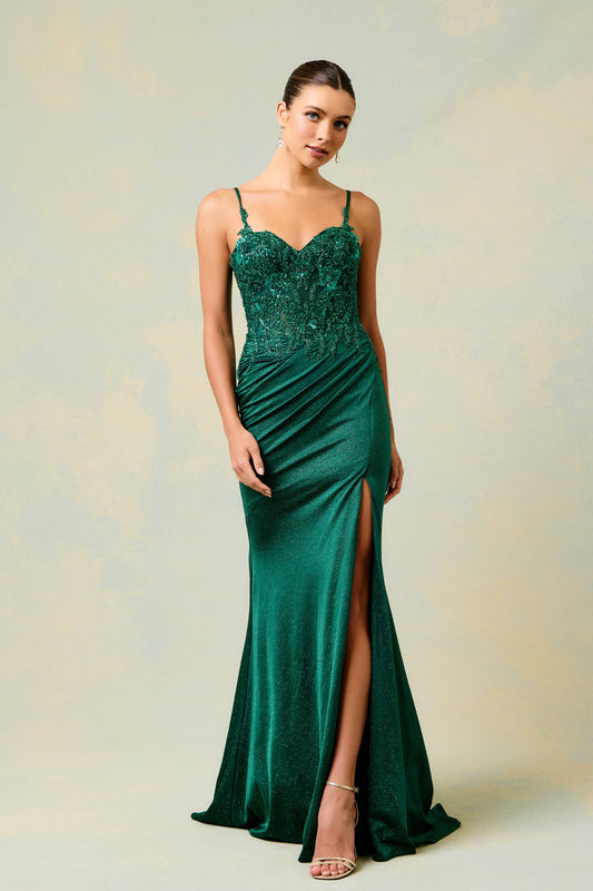 Vestido con Encaje Bordado con Cristales, Cuentas y Lentejuelas, Colores Hunter Green y Navy