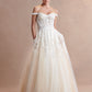 Vestido de Novia de Tul con Encaje Bordado y Escote de Corazón, Color Off White Nude