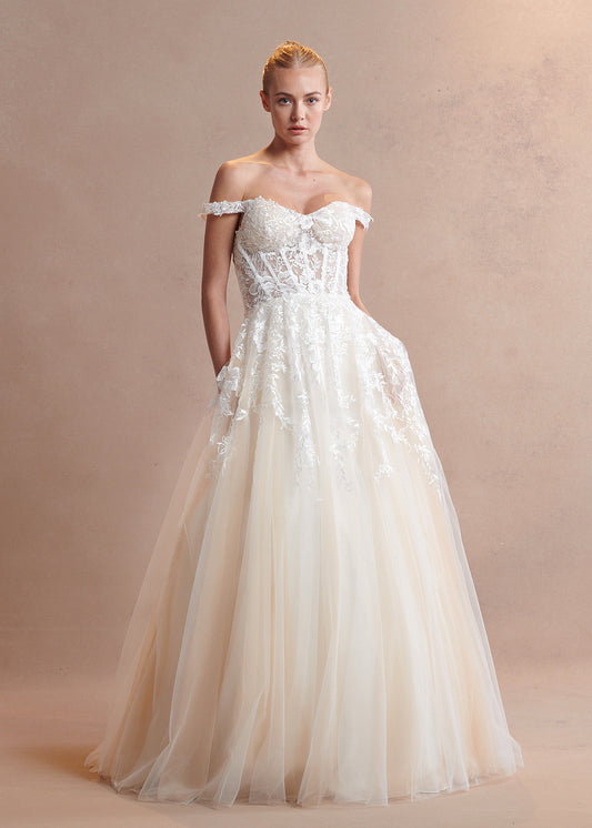 Vestido de Novia de Tul con Encaje Bordado y Escote de Corazón, Color Off White Nude