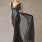 Vestido Con Lentejuela Cuello V Con Abertura en la Pierna Color Black