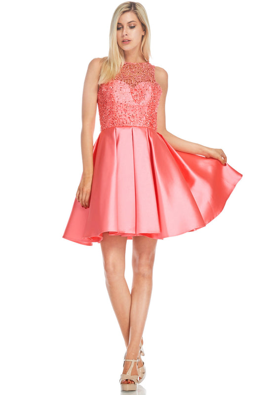 Vestido Corto en A, Escote Redondo sin Mangas, Corpiño Bordado y Falda Plisada, Color Coral
