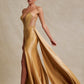 Vestido con Escote de Corazón y Abertura en la Pierna con Aplicaciones en Brillo, Color Gold