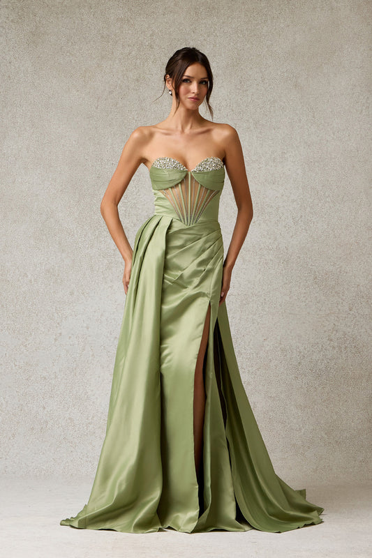 Vestido Línea A Sin Tirantes Con Abertura en la Perna y Con cordones enla Espalda Color Sage