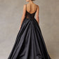 Vestido de Fiesta de Satén con Escote de Corazón Bordado con Cuentas, Cristales y Lentejuelas, Color Black