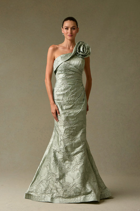 Vestido de Jacquard Estampado, Corte Sirena a un Solo Hombro con Detalla en Flor, Color Sage