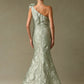 Vestido de Jacquard Estampado, Corte Sirena a un Solo Hombro con Detalla en Flor, Color Sage