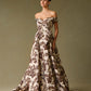 Vestido de Jacquard Estampado, Corte A, con Hombros Descubiertos y Detalle de Drapeado, Color Mocha Print