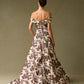 Vestido de Jacquard Estampado, Corte A, con Hombros Descubiertos y Detalle de Drapeado, Color Mocha Print