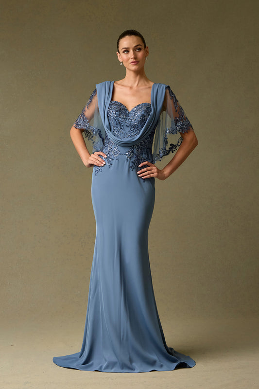 Vestido con Manga Corta, Escote Corazón con Detalle de Banda Drapeada, Color Slate Blue