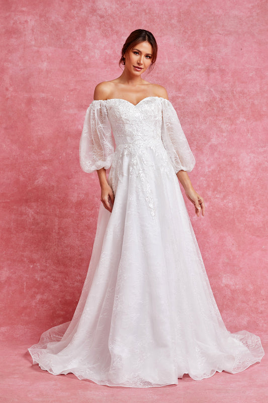 Vestido de Novia con Mangas al Hombro Escote de Corazón de Encaje Bordado con Perlas, Color Off White