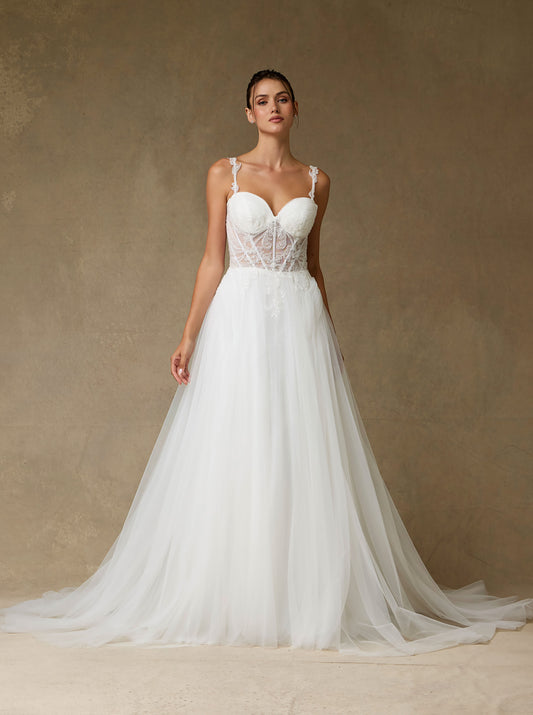 Vestido de Novia en Corte A con Tirantes, de Tul y Encaje Bordado con Cristales y Lentejuelas, Color Off White