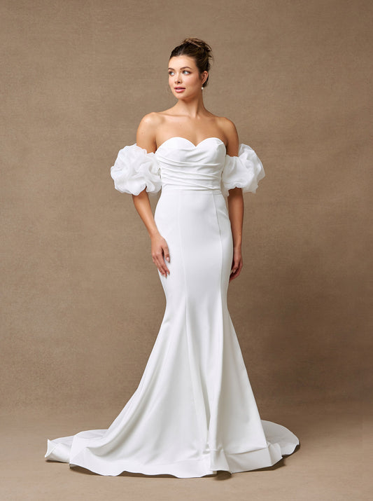 Vestido de Novia Corte Sirena Escote de Corazón con Mangas al Hombro Desmontables Color Off Whitte