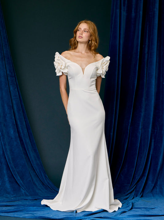 Vestido de Novia de Novia Corte Sirena de Manga Corta con Adorno Floral, Color Off White