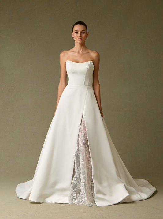 Vestido de Novia de Satén con Encaje, en Corte A, Escote Redondo sin Tirantes, Color Off White