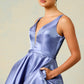Vestido Corto Midi Con Cuello V y con  Bolsillos Laterales Color Dark Ice Blue