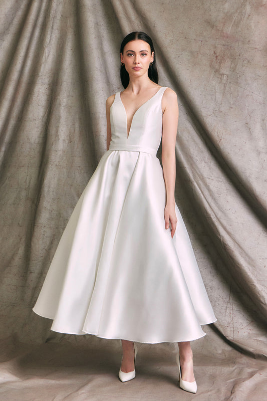 Vestido Corto Cuello V Sin Mangas, Color Off White
