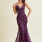 Vestido de Noche Corte Sirena  con Corse  Sin Mangas Color Plum.