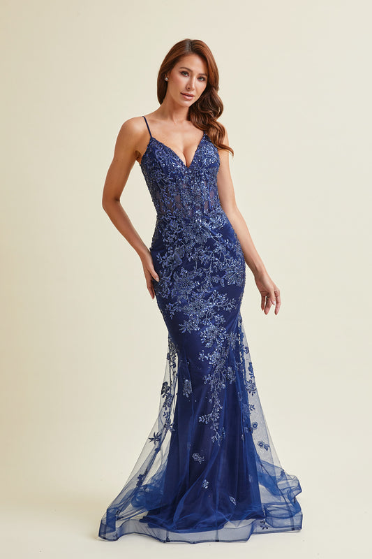 Vestido de Noche Corte Sirena  con Corse  Sin Mangas Color Navy