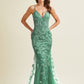 Vestido de Noche Corte Sirena  con Corse  Sin Mangas Color Sage.