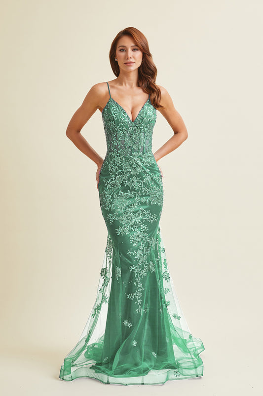Vestido de Noche Corte Sirena  con Corse  Sin Mangas Color Sage.