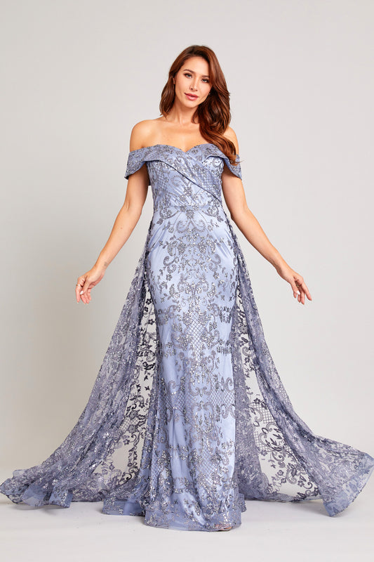 Vestido de Fiesta en Línea A Con Hombro Fuera Color  Dark Ice Blue.