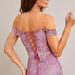 Vestido con Hombros Descubiertos con Tul Bordado con Brillo y Lentejuelas, Color Dark Mauve