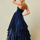 Vestido en Línea A a Capas y Straplees, Color Slate Blue y Navy