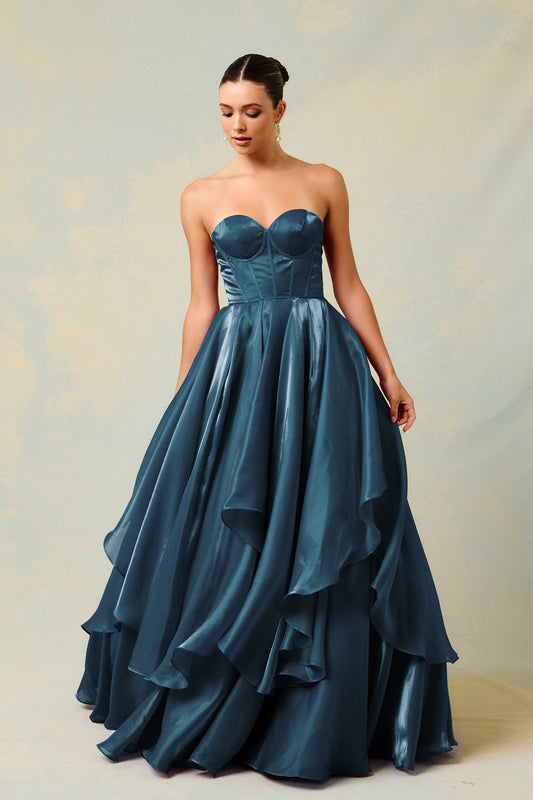 Vestido en Línea A a Capas y Straplees, Color Slate Blue y Navy