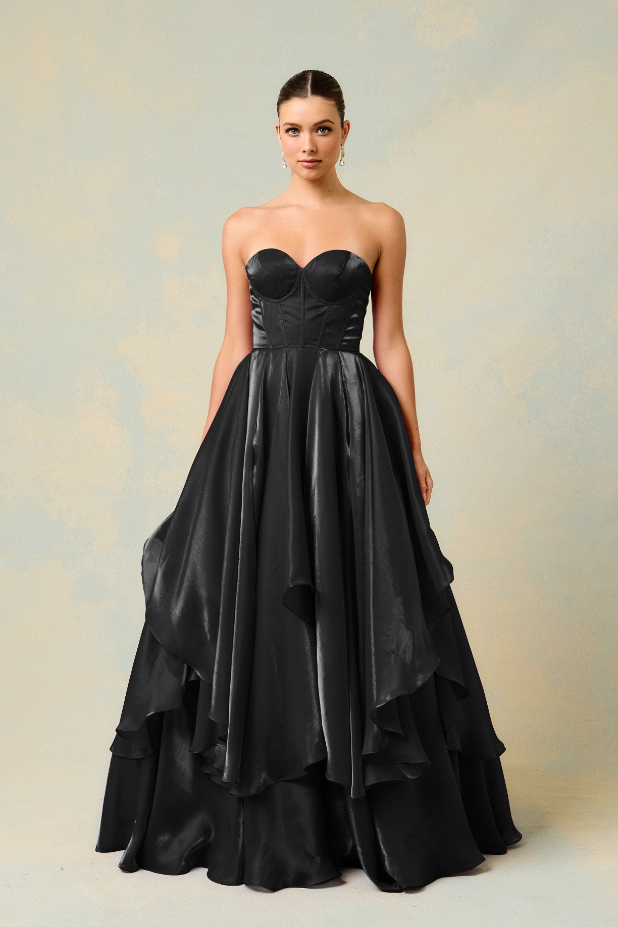 Vestido en Línea A a Capas y Straplees, Color Slate Blue y Black