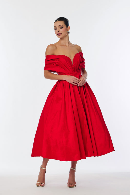 Vestido Líne A Corto Midi Escote Corazón Hombros Fuera, Color Red