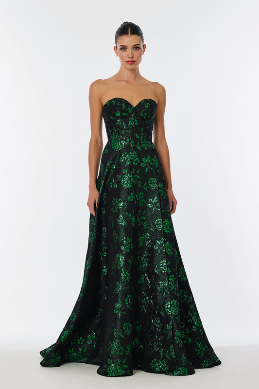Vestido Estampado en Corte A con Escote de Corazon, Color Black-Green