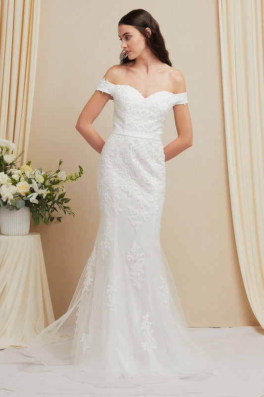 Vestido de Novia Corte Sirena al Hombro Escote Corazón de Tul Bordado con Cristales, Color Off White