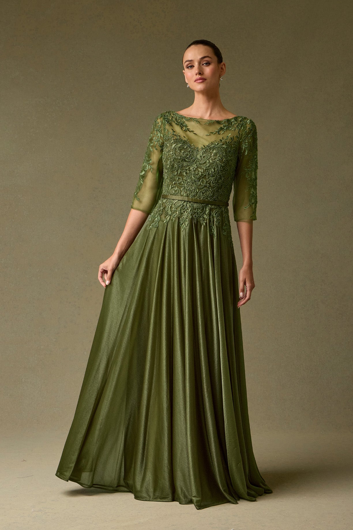 Vestido Recto Manga 3/4 y Cinturon Fijo Color Gold y Olive