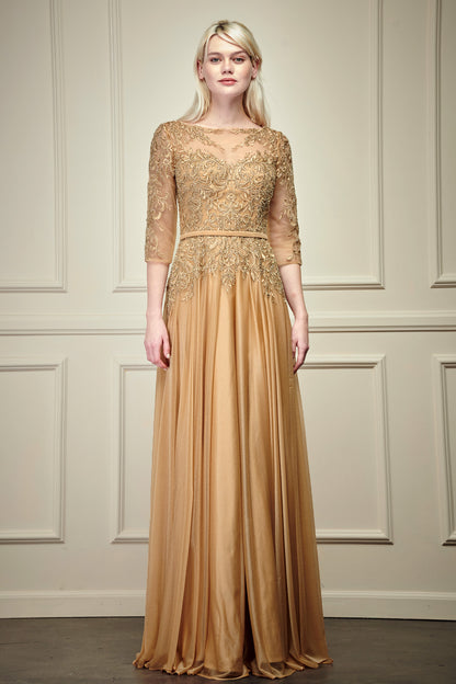 Vestido Recto Manga 3/4 y Cinturon Fijo Color Gold y Olive