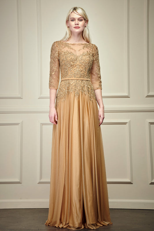 Vestido Recto Manga 3/4 y Cinturon Fijo Color Gold